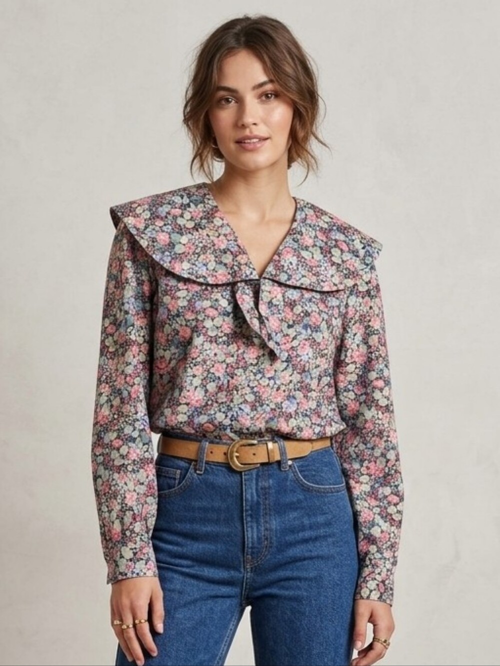 WILLOWBEND Vintage Floral Statement Tie Collar Blouse Cottagecore Prairie Sz L
